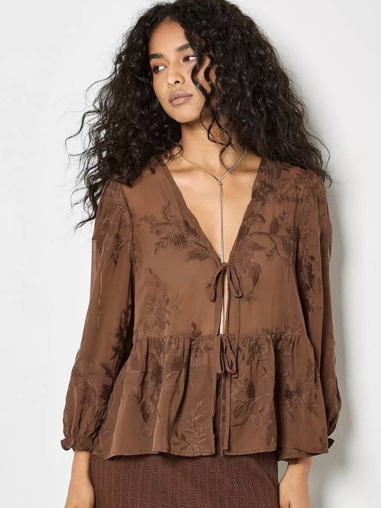 APRICOT Tops - APRICOT 🍑 Embroidered Chiffon Peplum Top Tie-Front